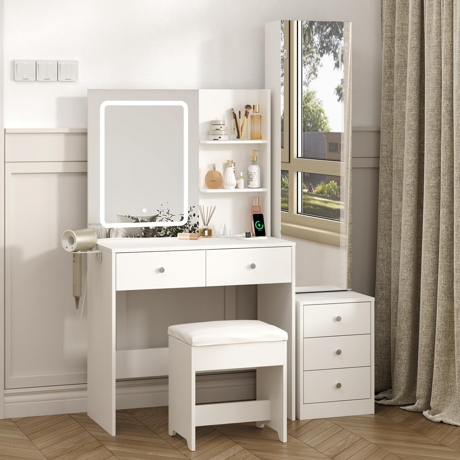 Vabches Vanity Set with 2 Mirrors Makeup Table with 3 Color Lighting and 5 Drawers White Walmart
