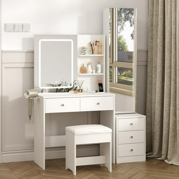 Vabches Vanity Set with 2 Mirrors, Makeup Table with 3 Color Lighting and 5 Drawers,White