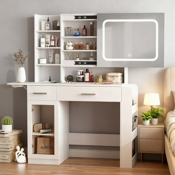 Vabches White Vanity Desk with Sliding Mirror and Lights, Makeup Vanity Table with Visible Storage Cabinet, Folded Panel and Large Shelves