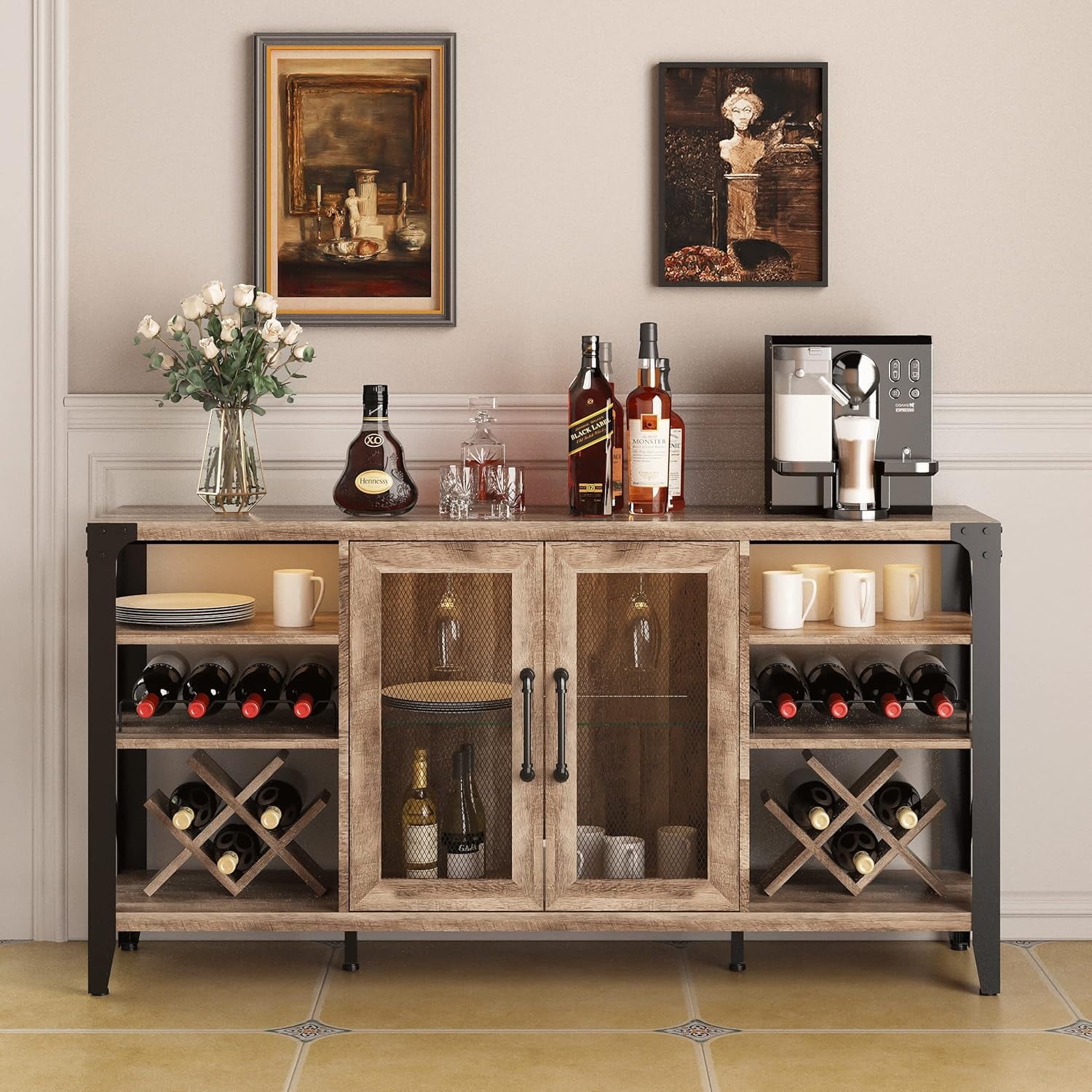 Rustic Oak and Black Metal Farmhouse Wine Bar Cabinet with LED Lights