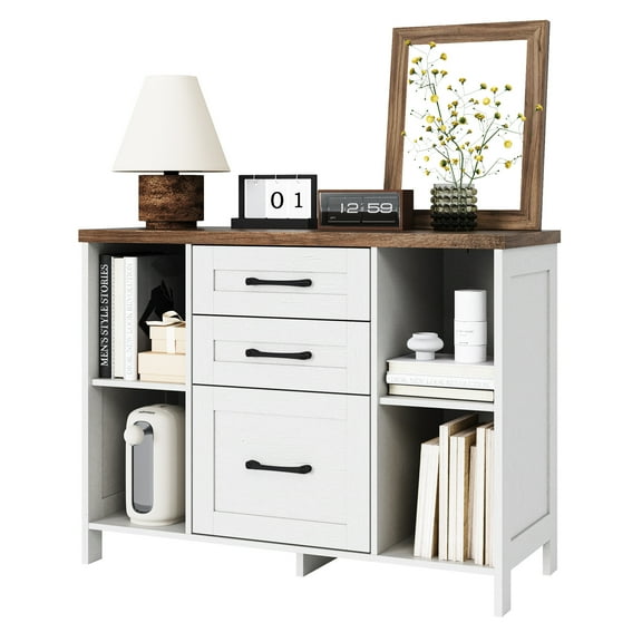 Vabches Wood 3-Drawer Lateral File Cabinet with 2 Shelves for Home Office,Filing Cabinet with Rustic Metal Handles, White