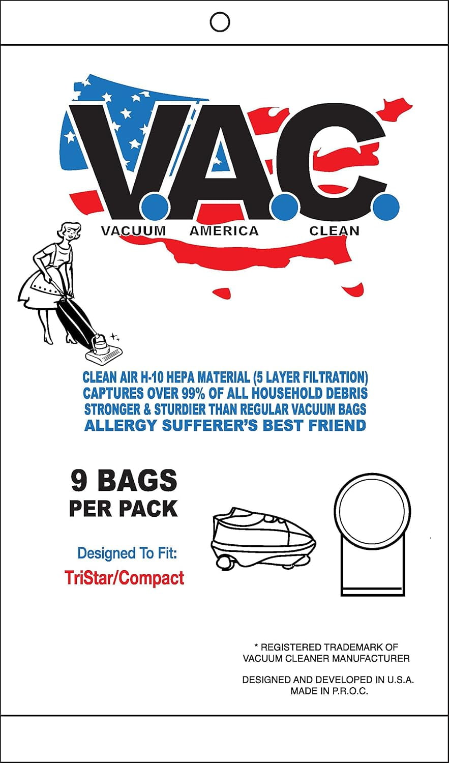 H-10 HEPA Filtration Vacuum Bags for TriStar/Compact, Pack of 9