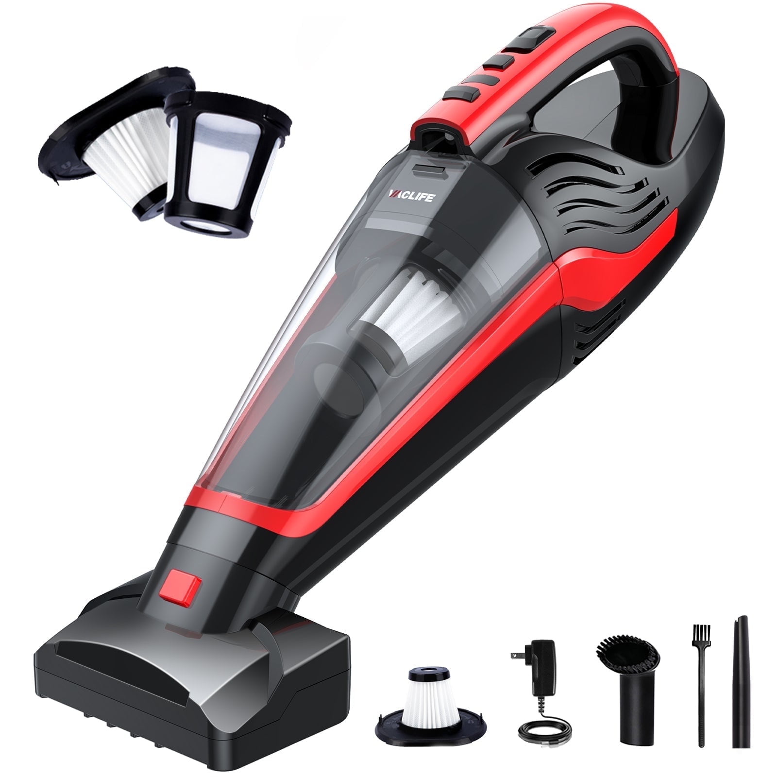 VacLife Cordless Handheld Vacuum, Car Vacuum Cleaner Rechargeable with Motorized Brush, Powerful Stair Vacuum w/Reusable Filter & LED Light, Red (VL726)