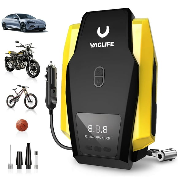 VacLife Tire Inflator Portable Air Compressor, DC 12V Auto Digital Air Pump with LED Light&4 Accessories for Car Tires, Bicycles and Other Inflatables, For Car Cigarette Lighter Use Only (12V)