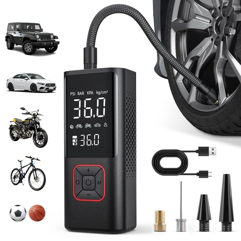 VacLife 150 Psi Cordless Tire Inflator Portable Compressor, Quick Inflation, Auto Shutoff, LED Light, Accs, Red
