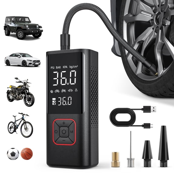 VacLife 150 Psi Cordless Tire Inflator Portable Compressor, Quick Inflation, Auto Shutoff, LED Light, Accs, Red