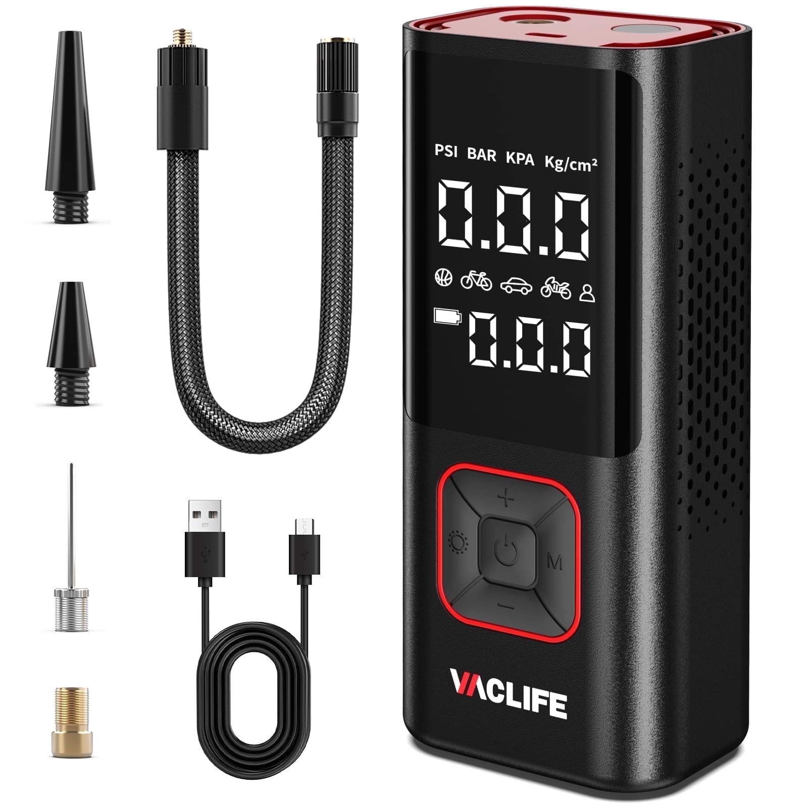 VacLife 150 Psi Cordless Tire Inflator Portable Compressor, Quick Inflation, Auto Shutoff, LED Light, Accs, Red