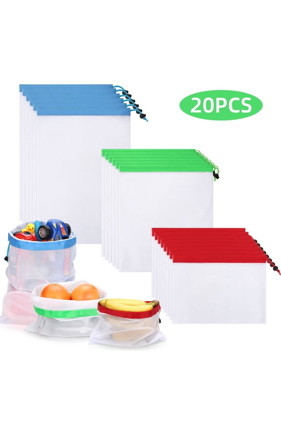 20Pcs Reusable Washable Food Storage Organization Mesh Produce Ziploc Bags ,8S,6M,6L