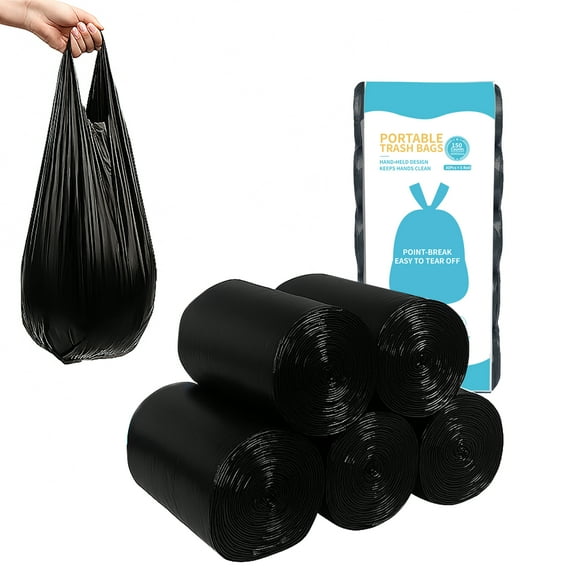 VacYaYa 4 Gallon 5 Rolls of 150PCS Trash Bags Kitchen Portable Strong Handheld Garbage Bags,Bedroom Waste Bin Bag, Circular Bottom Strong Rubbish Bags,Black