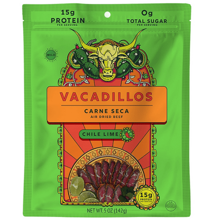 Vacadillos Chile Lime 5oz Meat Snack, 15g Protein Per Serving, 0g Sugar, No MSG, No Gluten, No Nitrates, All Natural