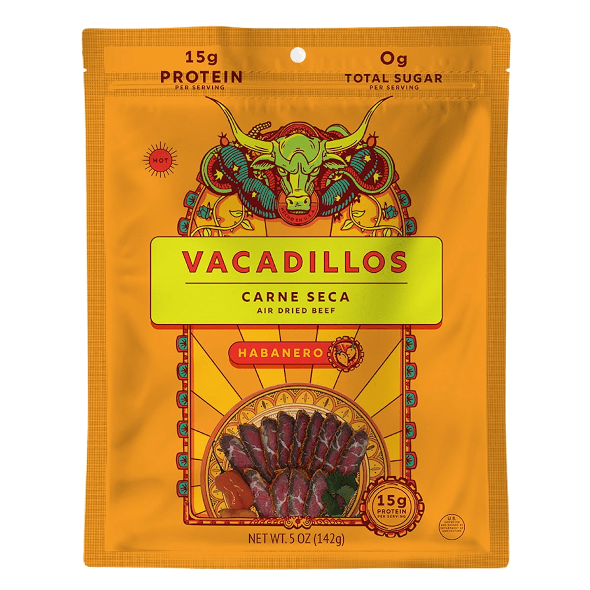 Vacadillos Habanero 5oz Meat Snack, 15g Protein Per Serving, 0g Sugar, No MSG, No Gluten, No Nitrates, All Natural