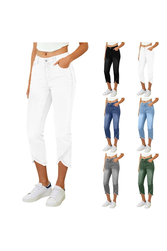 Vacation Beach Womens Capri Jeans Mid-Rise Slim Fit Cross Cuff Denim Pants Summer Comfy Outdoor Jeans with 4 Pockets