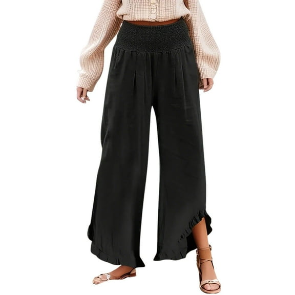 Vacation Beachy Travel Pant Black Linen Pants Women Flowy Beach Pant Lightweight Plus Size Ruffle Hem Wide Leg Trousers Casual Gauze Crop Trousers Linen Palazzo Pants for Women Summer Resort Wear