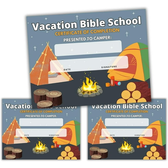Vacation Bible School VBS Certificate of Completion Award 50 pk 8.5x11 Camping Outdoor Camp Fire Themed Participation