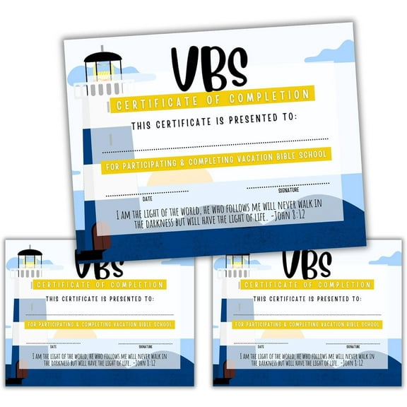 Vacation Bible School VBS Certificate of Completion Award 50 pk 8.5x11 Lighthouse Bible Verse Beach Ocean Sea Themed Participation