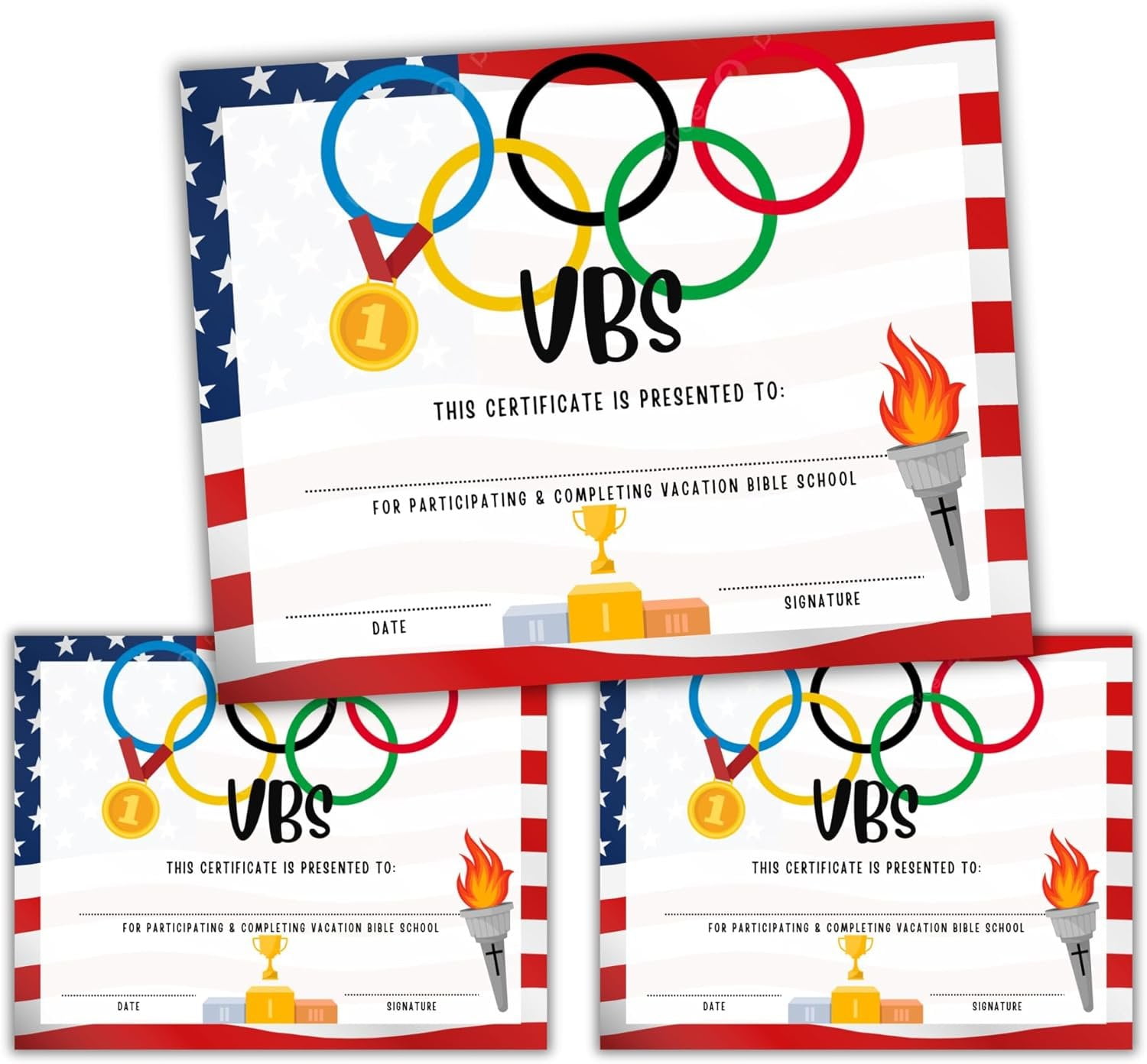 Vacation Bible School VBS Certificate of Completion Award  50 pk 8.5x11 Olympics Summer Sports Competition Gymnastic Christian Participation