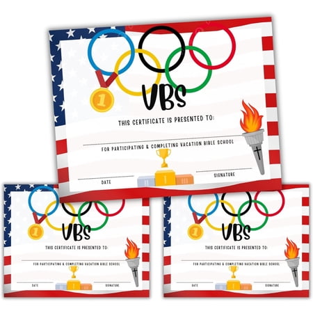 Vacation Bible School VBS Certificate of Completion Award 50 pk 8.5x11 Olympics Summer Sports Competition Gymnastic Christian Participation