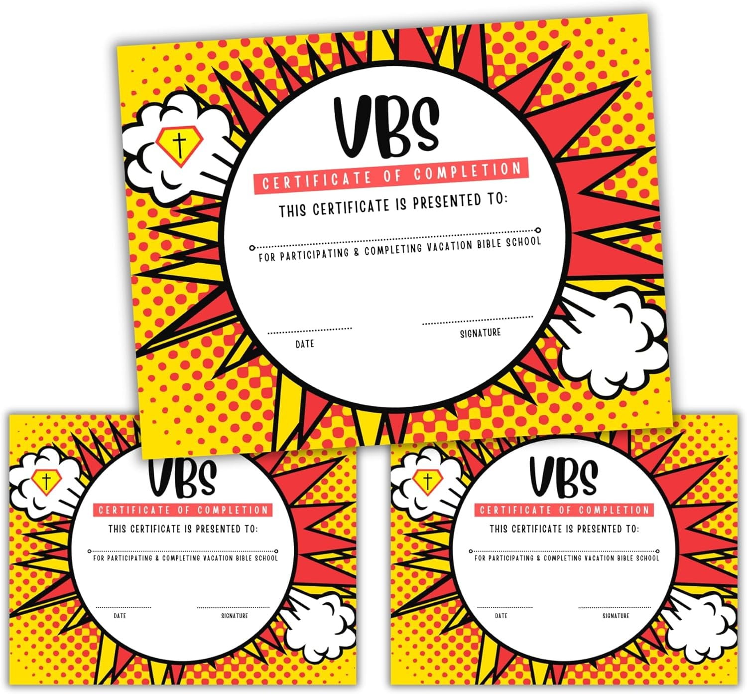 Vacation Bible School VBS Certificate of Completion Award  50 pk 8.5x11 Superhero Gamer Hero Games Cape Participation