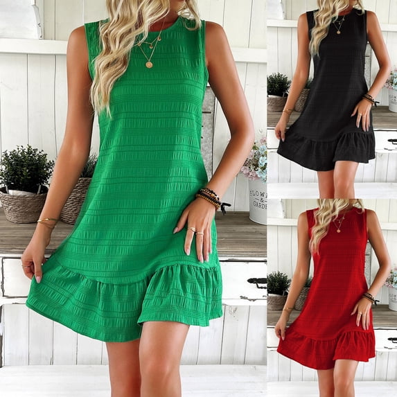 Vacation Dress Dress Sundresses Swimsuit Coverup Fashion Women Summer Casual Round-Neck Sleeveless Solid Mini Dress Red S
