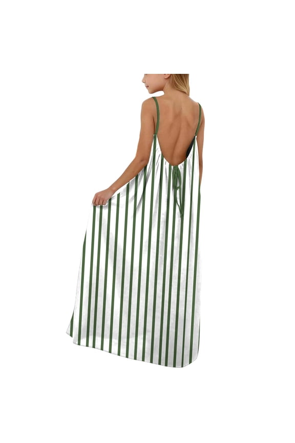 Vacation Dress For Girls Backless Drawstring Spaghetti Strap Print Beach Dresses Loose Comfy Holiday Maxi Sundress (13 Years, Green)