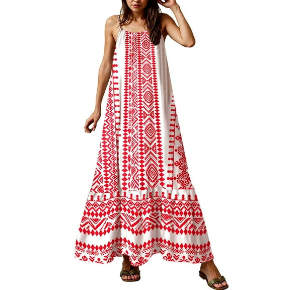 Vacation Dresses For Women 2025, Summer Wedding Guest Dress Elegant Halter Beach Party Hawaiian 2025 Floral Maxi Boho Spaghetti Strap Scoop Neck Smocked Ruffle Flowy Pink