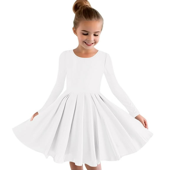 Vacation Dresses for Girls 2024 Girls Long Sleeve Stretchy Dress A Line Skater School Recital Dress New Long Sleeve Round Neck Dress White 7T
