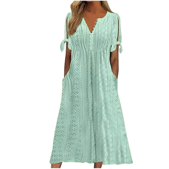 Vacation Dresses for Women 2025 Casual Solid Color Plus Size Dress with Pocket Summer V Neck Short Sleeve Midi Beach Dresses for Women Green B L
