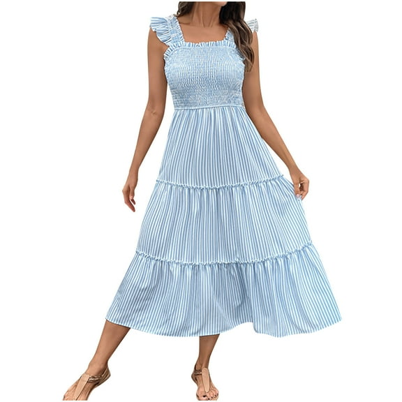 Vacation Dresses for Women 2025 Sleeveless Square Neck Ruffle Maxi Dress Loose Fit Flowy Tiered Trendy Sundress