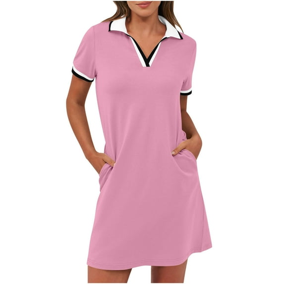 Vacation Dresses for Women Beach New Athletic Dresses for Women Summer Short Sleeve V Neck Casual Golf Tennis Mini Shirt Dress with Pockets Pinky XXL