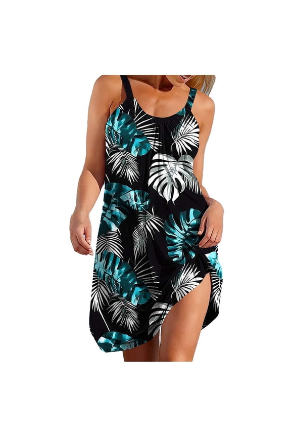 Vacation Dresses for Women Summer Hawaiian Floral Printed Elastic Crew Neck Loose Sleeveless Cool Beach Mini Dresses Gray S-2XL