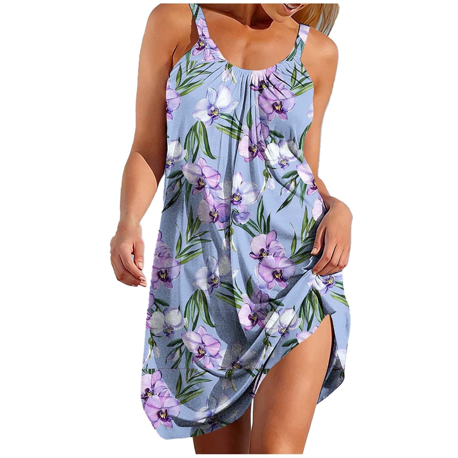 funky beach dresses Vacation for Women Summer Hawaiian Floral Printed Elastic Crew Neck Loose Sleeveless Cool Mini Dresses Light Blue B S-2XL Color:BEET RED tone bangles and pair Free People Bejeweled Sequin What's New & Now