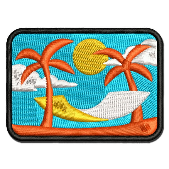 Vacation Hammock Beach Palm Trees Applique Multi-Color Embroidered Hook & Loop Patch - 3 Inch Medium