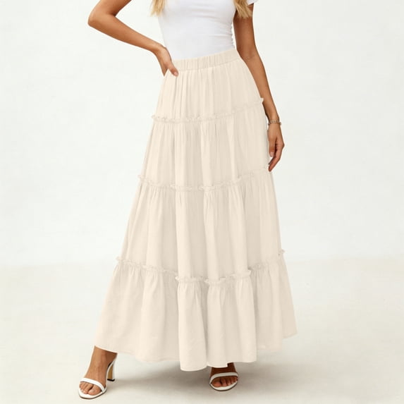 Vacation Long Skirts for Women Boho Maxi Tiered Skirt Elastic High Waist A-Line Flowy Summer Skirts Beige L