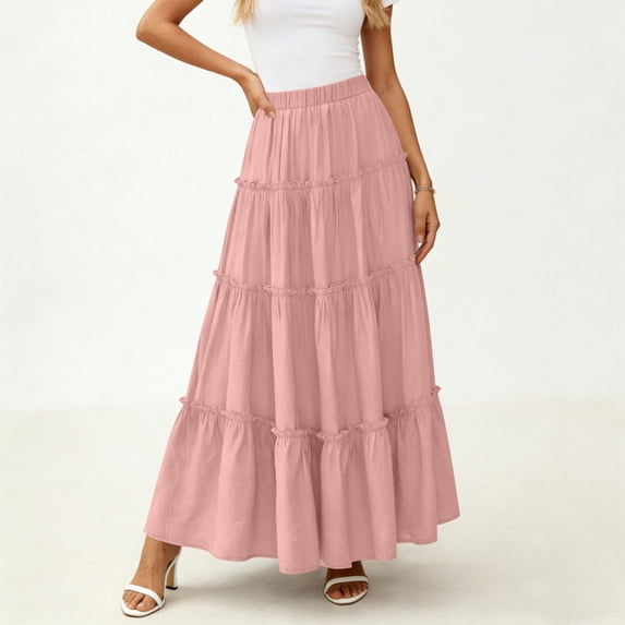 Vacation Long Skirts for Women Boho Maxi Tiered Skirt Elastic High Waist A-Line Flowy Summer Skirts L