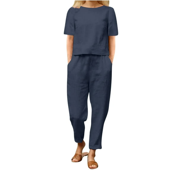 Vacation Outfits for Women 2 Piece Sets Summer Round Long Sleeve T-Shirts Elastic Waist Long Pants Sets Casual Solid Color Two Piece Outfits,Ot-5,Navy,XL