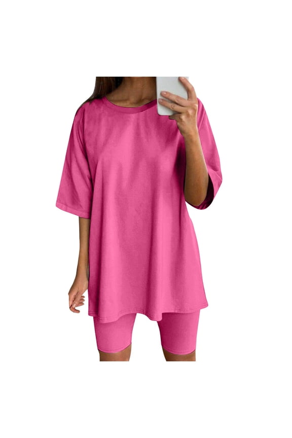 Vacation Outfits for Women Girls Swim Short Bathing Suit Womens Swimsuit with Long Shorts Swim Shorts Juniors Girls Dressy Women Jean Pant Suit for Womens Two Piece Outfits Short Sleeve Tops Pink XXL