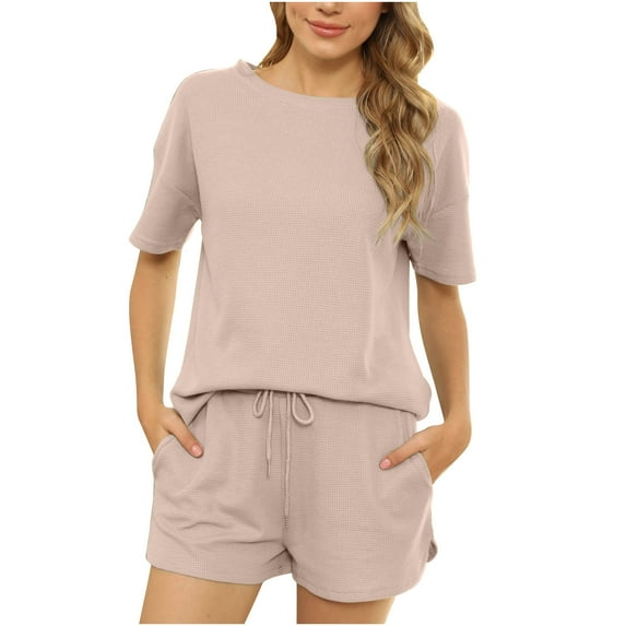 Vacation Outfits for Women Plus Size Womens 2 Piece Outfits Clothing Set Female Round Neck Short Sleeve Tops Pants Sets Long Pant Style S_456 Women's Tracksuits Beige S