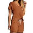thumbnail image 1 of Vacation Outfits for Women Short Sleeve V-Neck Blouses & Shirts Sets 2PC Women's V Neck Shorts Sleeve Two-piece Comfortable Home Pajamas Set Sports Set Business Casual Outfits Orange l, 1 of 5