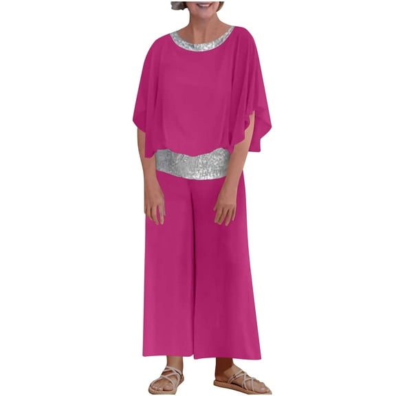 Vacation Outfits for Women Summer Lounge Sets 2 Piece Sequins Splice Oversized Set 3/4 Sleeve Tops and Wide Leg Capri Pant Set