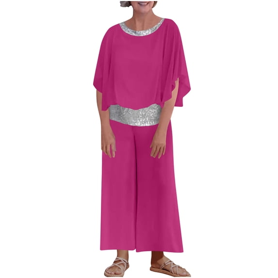 Vacation Outfits for Women Summer Lounge Sets 2 Piece Sequins Splice Oversized Set 3/4 Sleeve Tops and Wide Leg Capri Pant Set