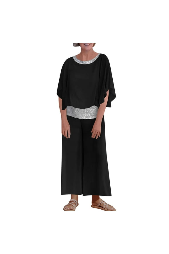 Vacation Outfits for Women Summer Lounge Sets 2 Piece Sequins Splice Oversized Set 3/4 Sleeve Tops and Wide Leg Capri Pant Set