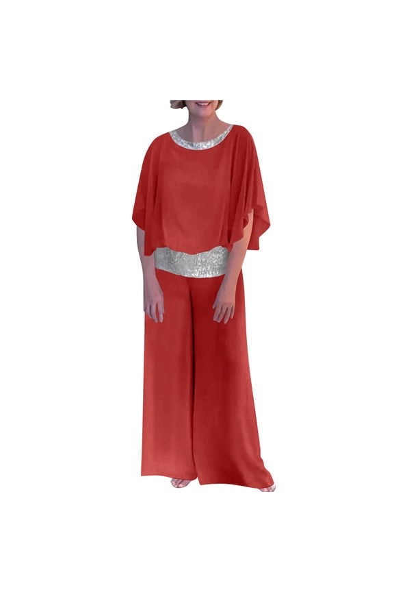Vacation Outfits for Women Summer Lounge Sets 2 Piece Sequins Splice Oversized Set 3/4 Sleeve Tops and Wide Leg Capri Pant Set