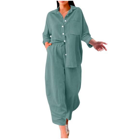 Vacation Pajamas for Women Set New Women's Two Piece Cotton Linen Outfits Button Tops Wide Leg Pants Lounge Sets Summer Outfits Matching Sets Light Blue M