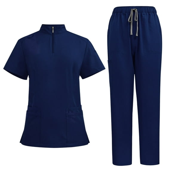 Vacation Pajamas for Women Set New Women's Solid Hand Wash Gowns Short Sleeve Nurse's Workwear Separate Set Suit with Pocket B-46 Navy S