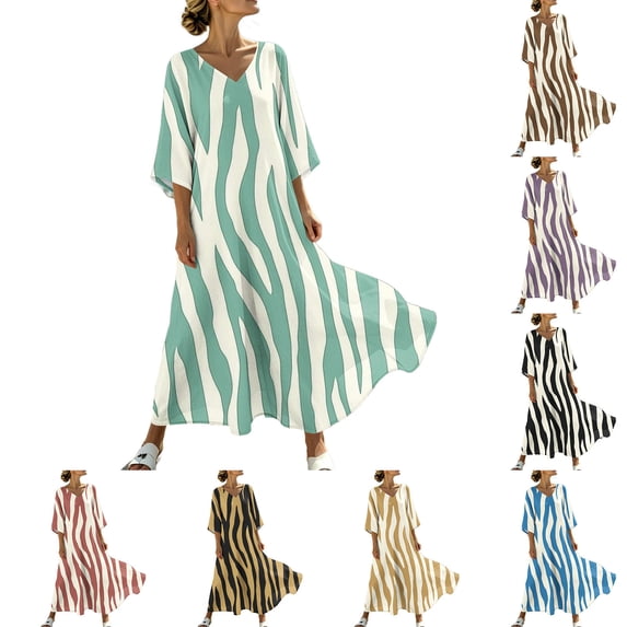 Vacation Party Dress Beach Vacation Clothes V Neck Sundresses Women's V-Neck Striped Print Three-Quarter Sleeve Maxi Dress Bohemian Flowy Casual Black L