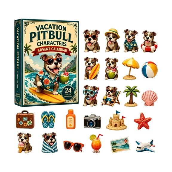 Vacation Pitbull Characters Advent Calendar 2026, 24 Days Countdown with 2D Acrylic Dog Ornaments, Summer Beach & Travel Pendant Set, Mystery Gift Box for Dog Lovers & Collectors