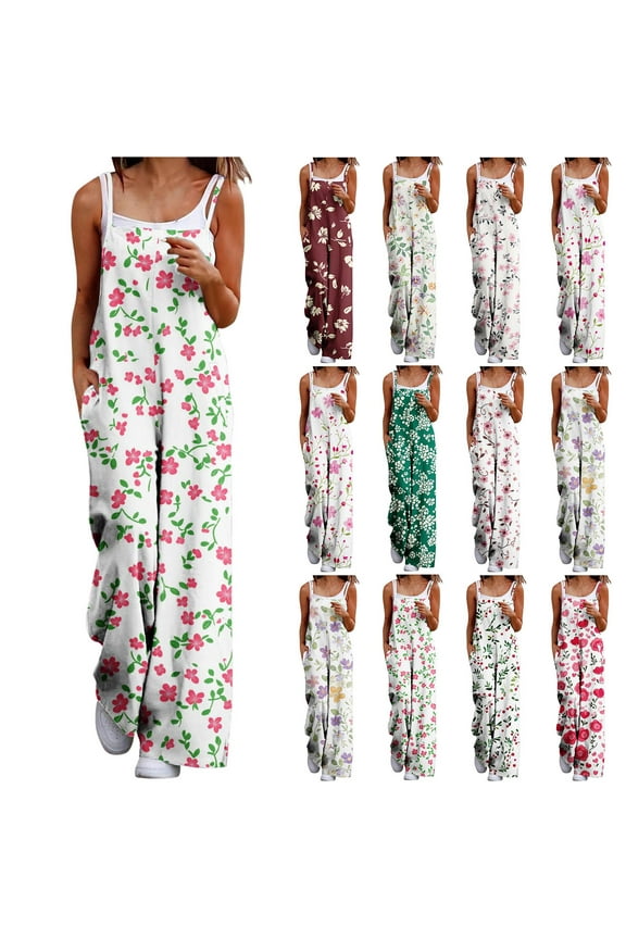 Vacation Sales, JURANMO Jumpsuits for Women with Pockets Boho Floral Print Wide Leg Rompers Summer Dressy Cotton Overalls 2025 Beach Outfits Multicolor XL