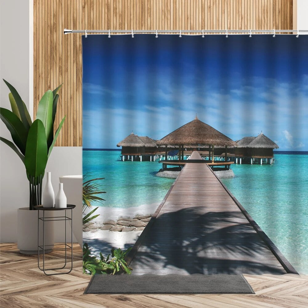 Vacation Scenery Shower Curtain Blue Sea Wooden B0ridge Tropical Plants ...