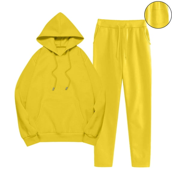 Vacation Set for Women New Womens 2 Piece Tracksuits Long Sleeve Hoodie Sweatsuit Sets Baggy Sweatpants Fall Travel Outfits with Pockets Yellow L