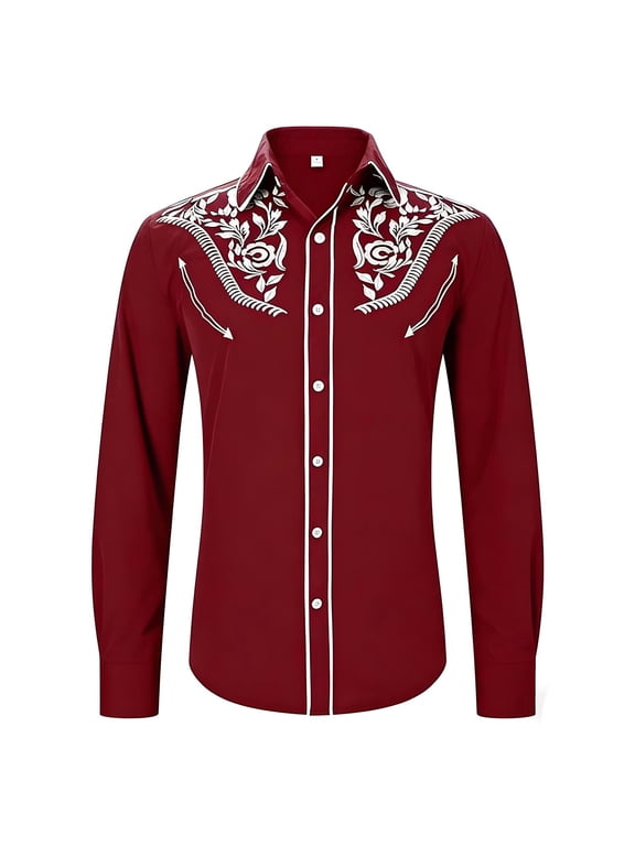 Vacation Shirts for Men Summer Western Cowboy Long Sleeve Embroidered Slim Fit Button Down with Pockets Hawaiian Shirts for Men